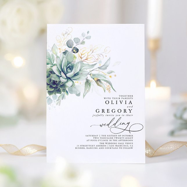 Convites Eucalyptus Greenery Succulents e Casamento Dourado (Succulents Greenery Wedding Invitations)