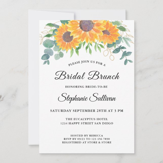 Convites Eucalyptus Greenery Sunflower Bridal Brunch (Frente)