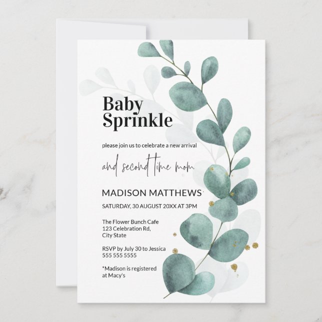 Convites Eucalyptus Greenery Watercolor Baby Sprinkle Invit (Frente)
