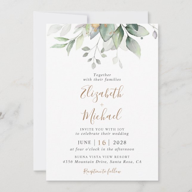 Convites Eucalyptus Greenery Watercolor Código QR Casamento (Frente)