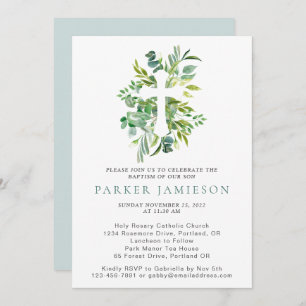 Convites Eucalyptus Greenery Watercolor Cross Baptism Invi