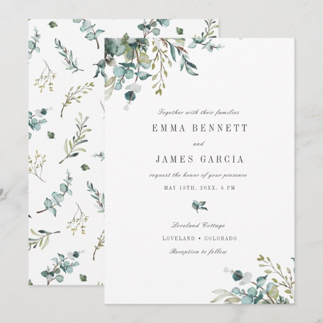 Convites Eucalyptus Greenery Wedding Inv Elegante (Frente/Verso)