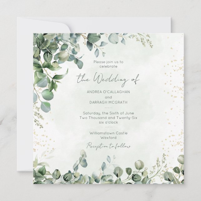 Convites Eucalyptus Greenery Wedding Invitation 1001 Square (Frente)