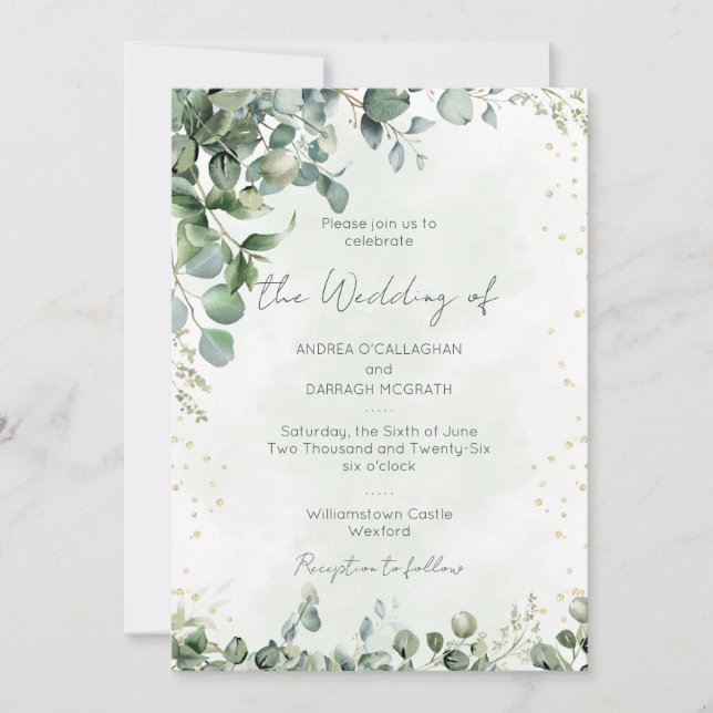 Convites Eucalyptus Greenery Wedding Invitation Flat Card (Frente)
