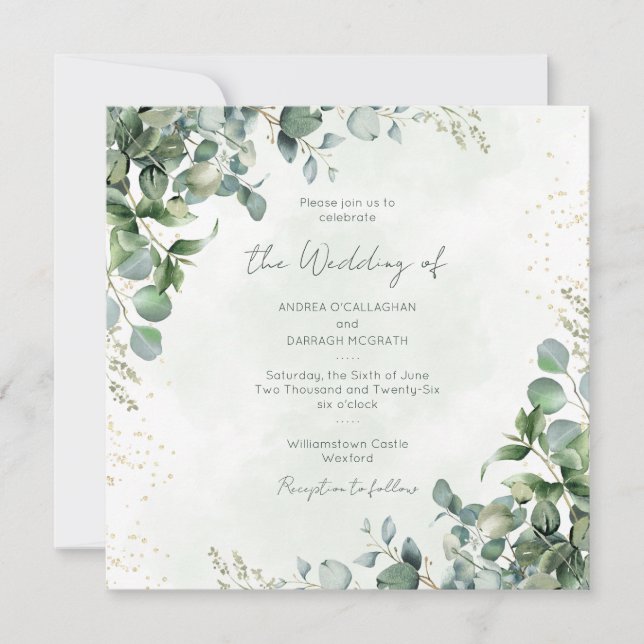 Convites Eucalyptus Greenery Wedding Invitation Square 1001 (Frente)