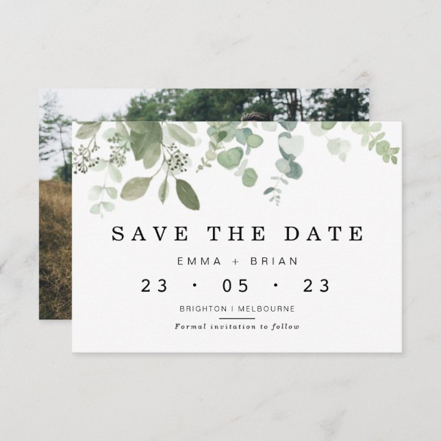 Convites Eucalyptus Greenery Weding The Date Card (Frente/Verso)
