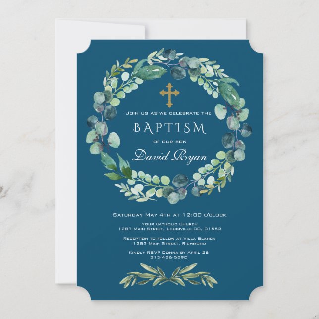 Convites Eucalyptus Greenery Wreath Cross Boy Blue Baptism (Frente)