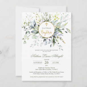 Convites Eucalyptus Herbal Cross Baby Baptism