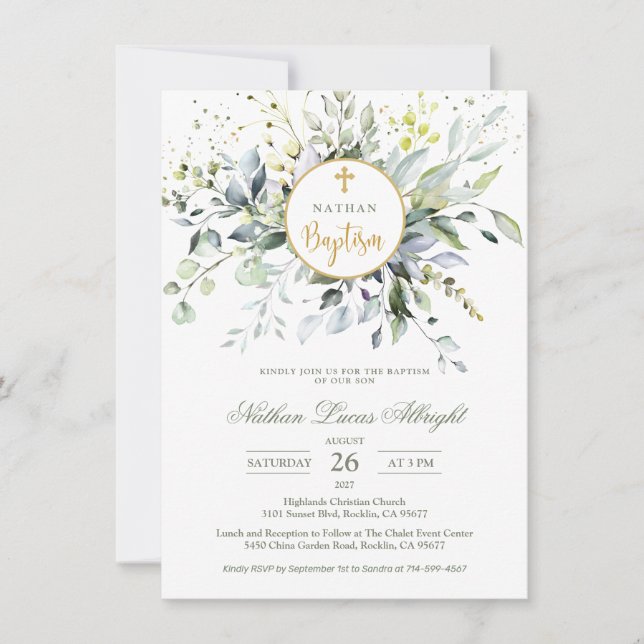Convites Eucalyptus Herbal Cross Baby Baptism (Frente)
