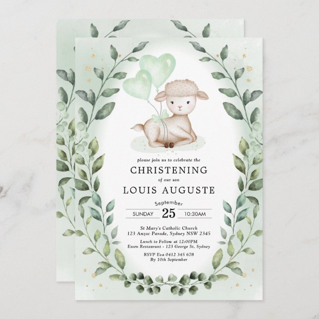Convites Eucalyptus Lamb Baby Sheening Baptism (Frente/Verso)