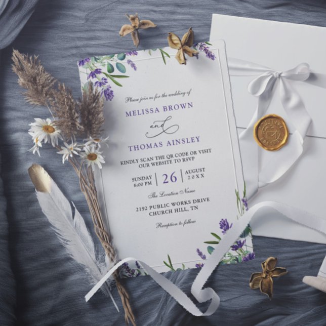 Convites Eucalyptus Lavender Elegant Budget QR Code Wedding (Criador carregado)