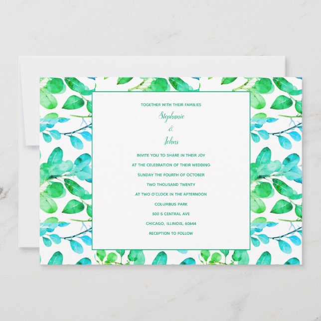 Convites Eucalyptus Leaf Art Green Teal Dusty Casamento Azu (Frente)