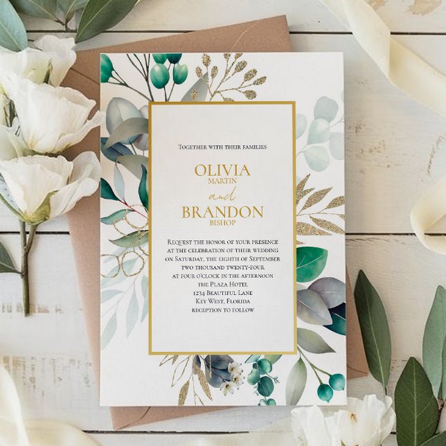 Convites Eucalyptus Leaves & Gold Frame Watercolor Wedding (Criador carregado)