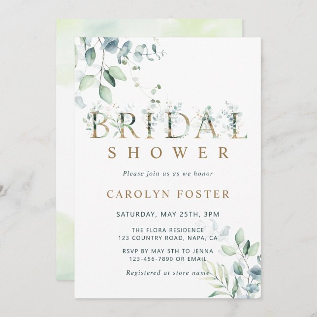 Convites Eucalyptus - Letra Botânica, Chá de panela Dourado (Frente/Verso)