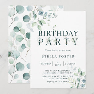 Convites Eucalyptus - Letra Botânica Festa de aniversário