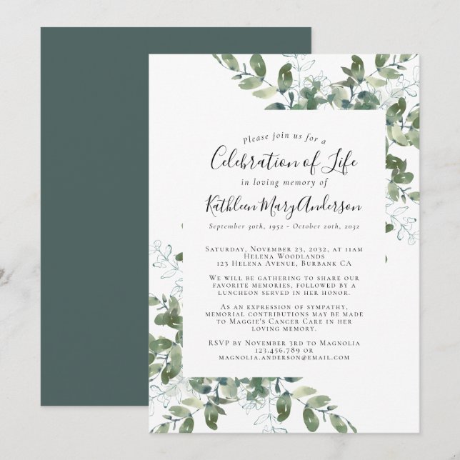 Convites Eucalyptus Memorial Celebração da Vida (Frente/Verso)