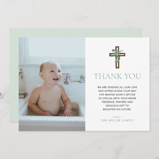Convites Eucalyptus Modern Baptism Photo Thank You Cards (Frente/Verso)
