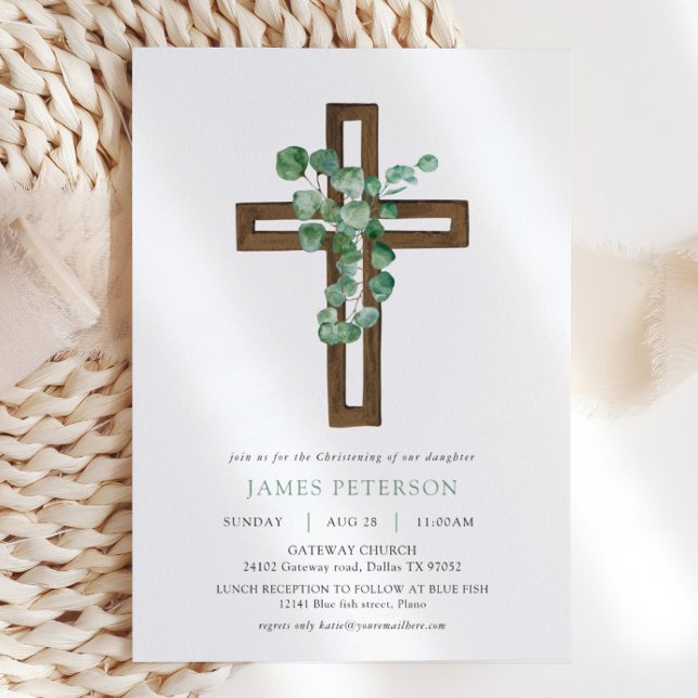 Convites Eucalyptus Modern Cross Christening (Criador carregado)