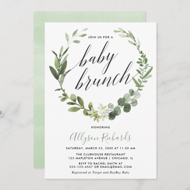 Convites Eucalyptus neutro para bebês (Frente/Verso)