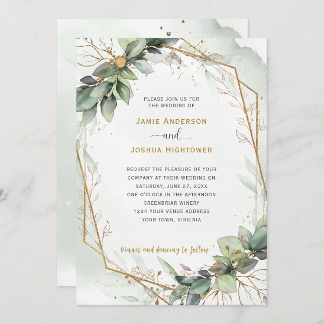 Convites Eucalyptus Ouro Greenery Wedding (Frente/Verso)