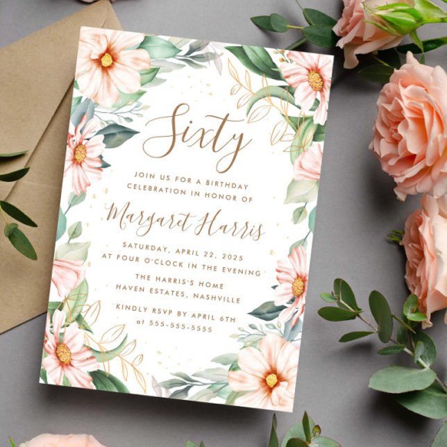 Convites Eucalyptus Peach Dourado Floral 60º Sessenta Anive (Criador carregado)