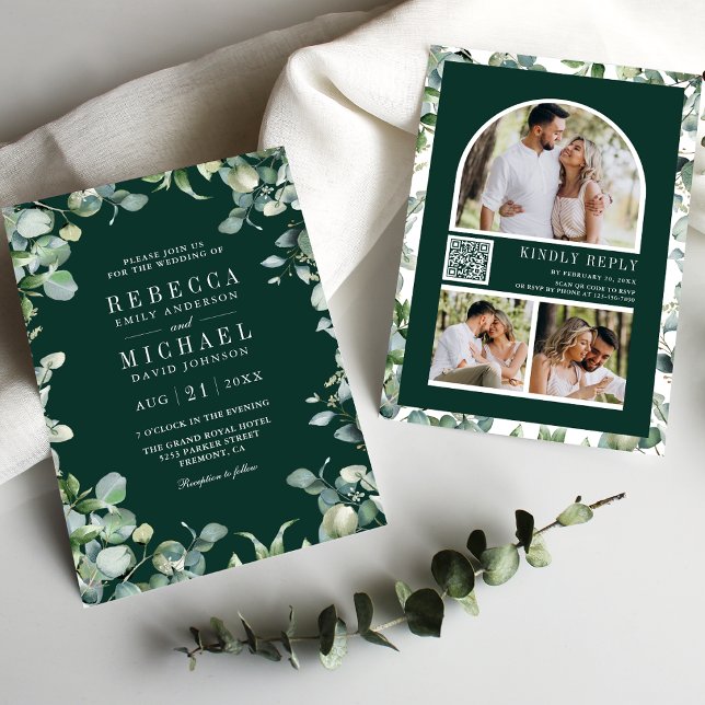 Convites Eucalyptus Photo Collage QR Code Emerald Wedding (Criador carregado)