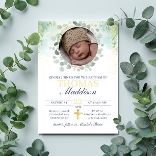 Convites Eucalyptus Photo Cross Watercolor Baptism
