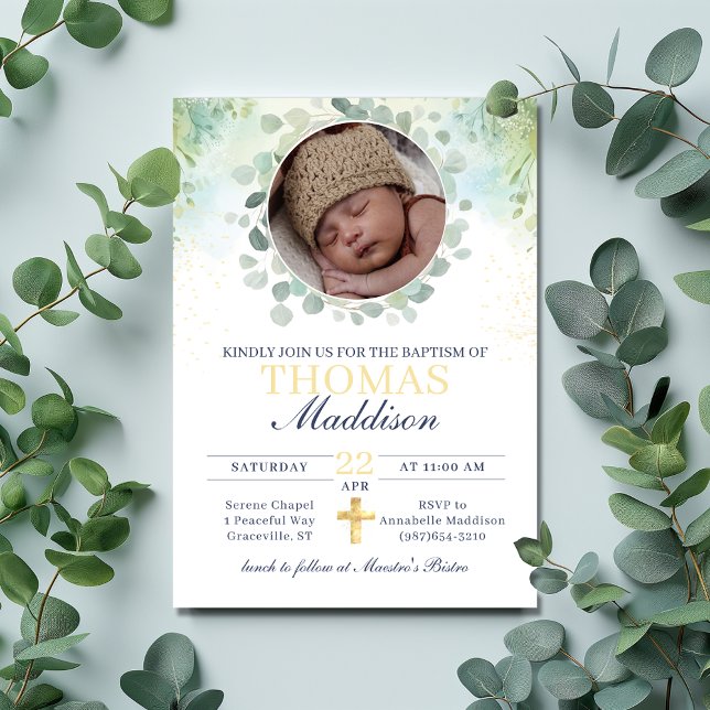 Convites Eucalyptus Photo Cross Watercolor Baptism (Criador carregado)