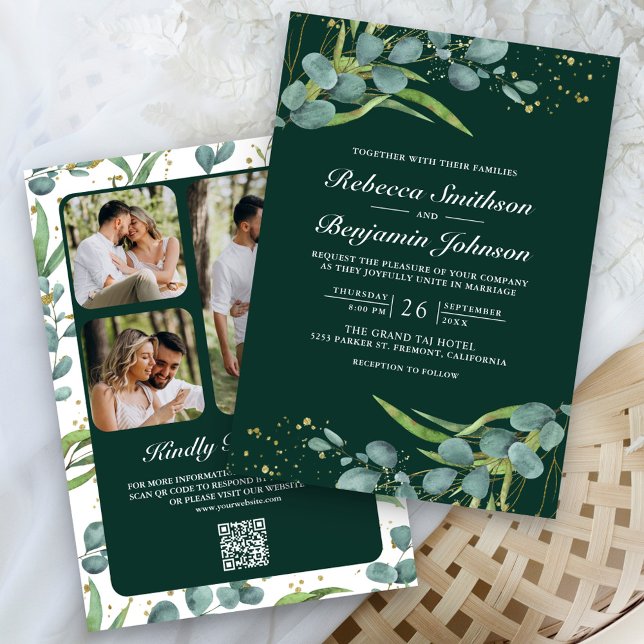 Convites Eucalyptus Photo QR Code Emerald Green Wedding (Criador carregado)