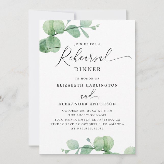 Convites Eucalyptus Rehearsal Dinner. Elegant Script Garden (Frente)