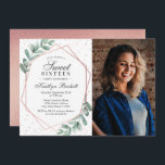 Convites Eucalyptus Rosa Dourado Geométrico Dezesseis Foto<br><div class="desc">Celebre em estilo com estes na moda e doces convites de 16 anos. Esta design é fácil de personalizar com a sua redação e fotografia de eventos especiais e os seus convidados ficarão entusiasmados quando receberem estes convites fabulosos.</div>