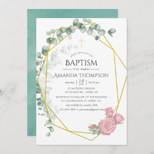 Convites Eucalyptus Rosa Geométrica Baptism ou Christening