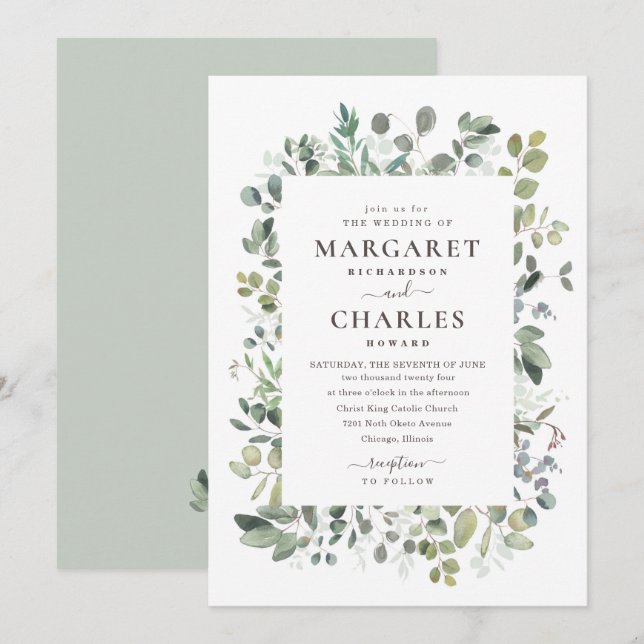 Convites Eucalyptus Sage, Russo Elegante, Invit de Casament (Frente/Verso)