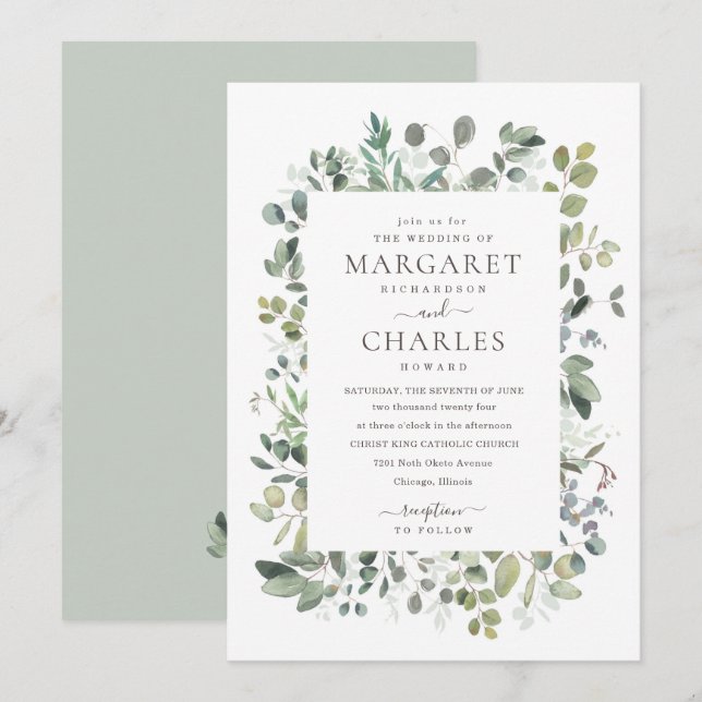 Convites Eucalyptus Sage, Russo Elegante, Invit de Casament (Frente/Verso)