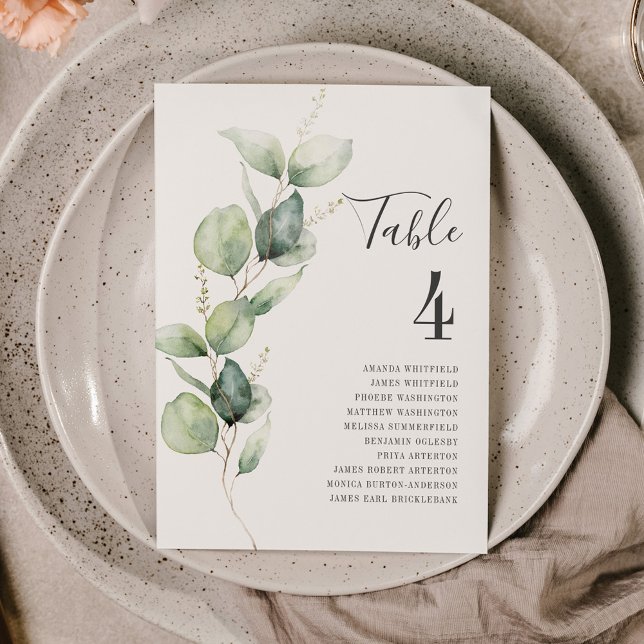 Convites Eucalyptus Sai Da Tabela Número 4. (Eucalyptus Script Wedding Table Number Card)