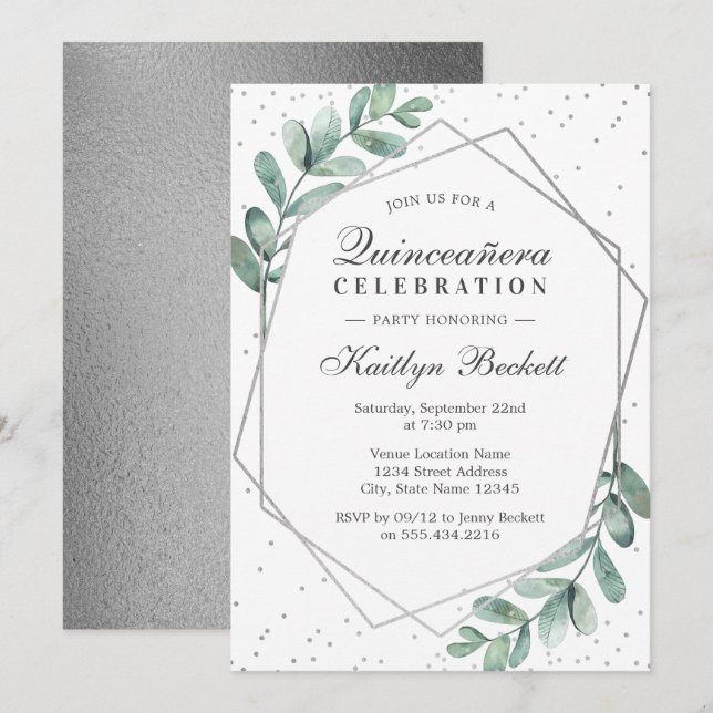 Convites Eucalyptus Silver Geométrico Quinceañera Aniversár (Frente/Verso)
