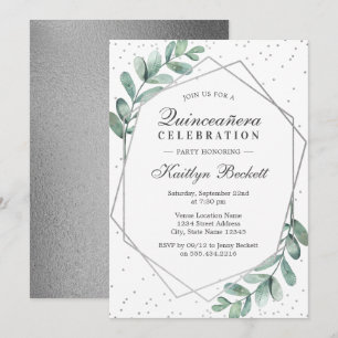 Convites Eucalyptus Silver Geométrico Quinceañera Aniversár