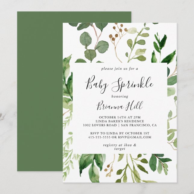 Convites Eucalyptus Simple Brown Floral Baby Sprinkle (Frente/Verso)