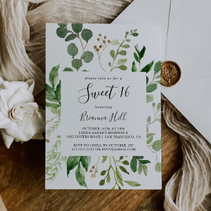 Convites Eucalyptus Simple Floral Sweet 16 Festa de anivers