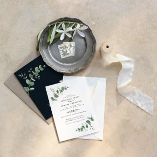 Convites Eucalyptus simples, elegante, branco-preto