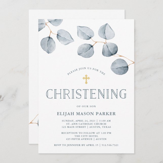 Convites Eucalyptus Simplicity | Christening com Cross (Frente/Verso)