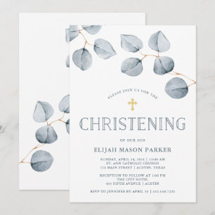 Convites Eucalyptus Simplicity   Christening com Cross