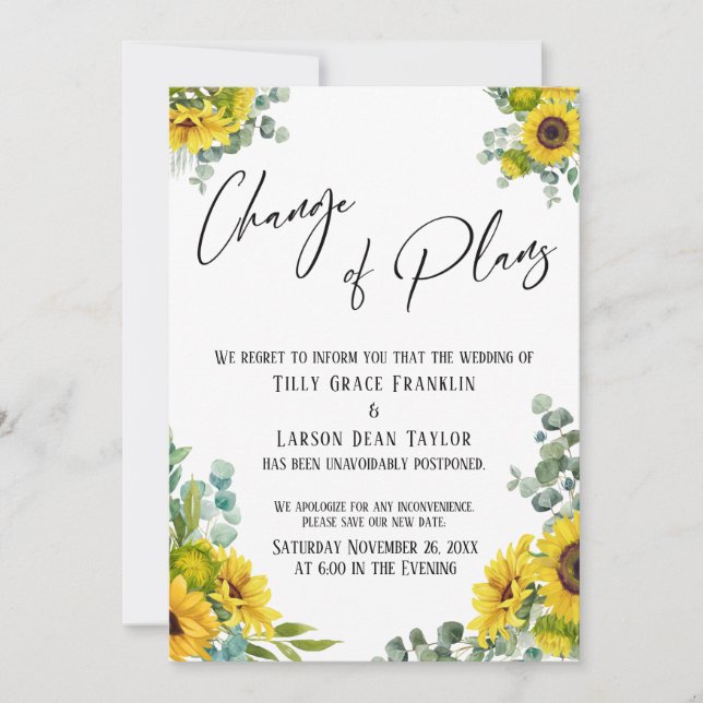 Convites Eucalyptus Sunflower Change of Plan Wedcard (Frente)