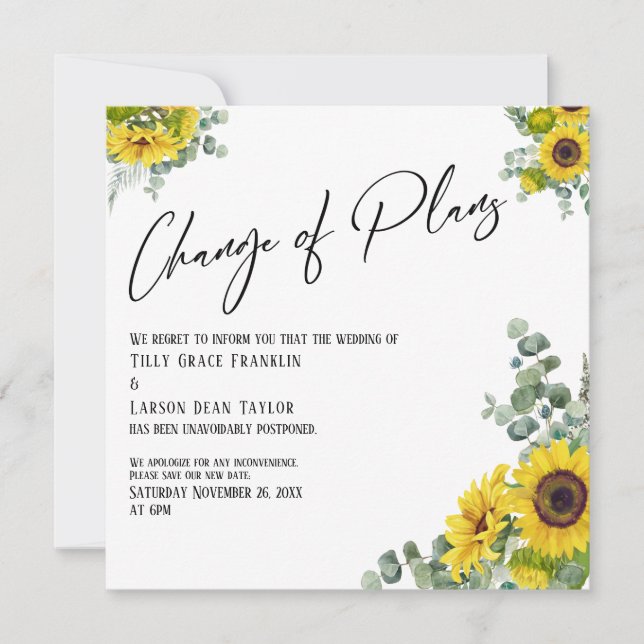 Convites Eucalyptus Sunflower Change of Plan Wedcard (Frente)