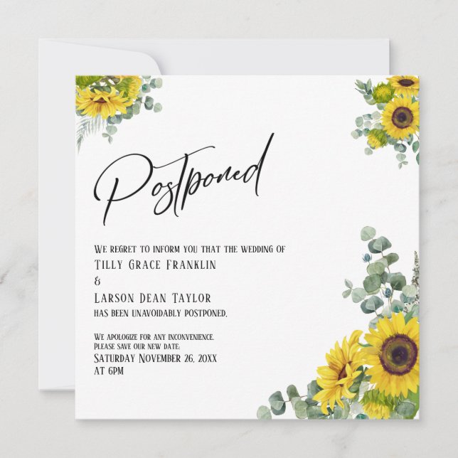 Convites Eucalyptus Sunflower Postpond Wedding Card (Frente)