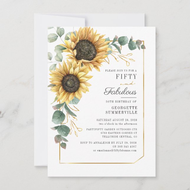 Convites Eucalyptus Sunflower Script 50th Birthday (Frente)