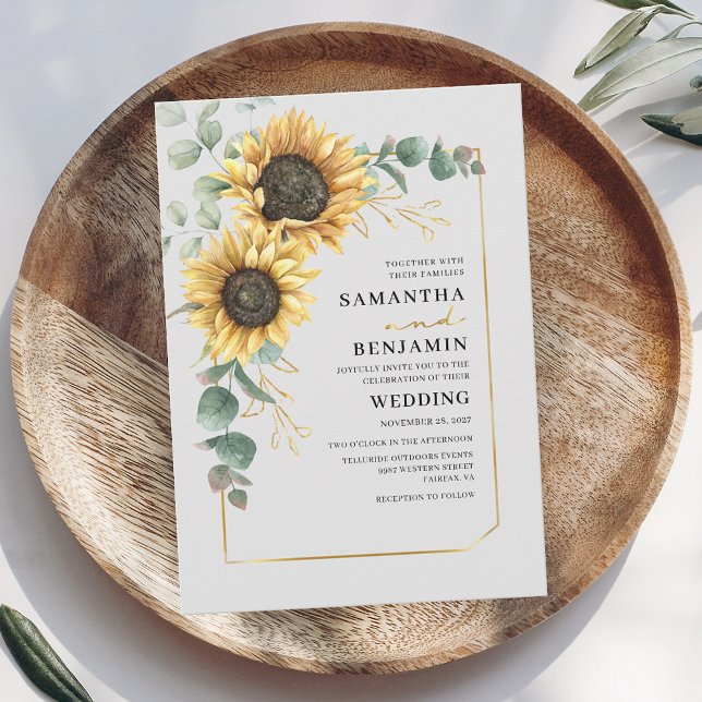 Convites Eucalyptus Sunflower Wedding (Floral Sunflower Eucalyptus Greenery First Names Wedding Invitation)