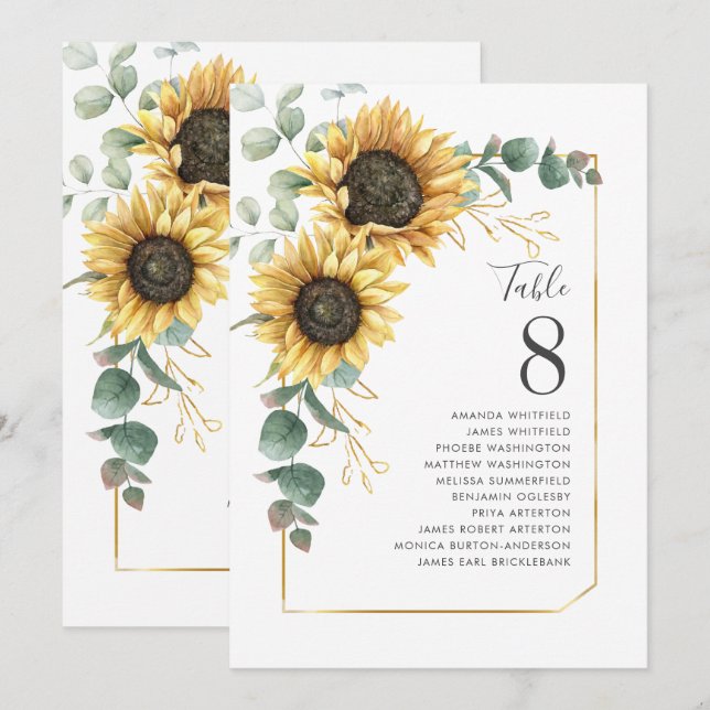Convites Eucalyptus Table Number Sunflower Wedating Seating (Frente/Verso)