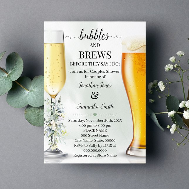 Convites Eucalyptus verde-bolhas e cria chá (Eucalyptus Greenery Bubbles and Brews Couples shower invitation Champagne & Beers Greenery Wedding)