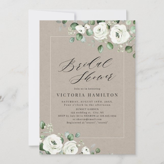 Convites Eucalyptus verde chá de panela floral branco (Frente)